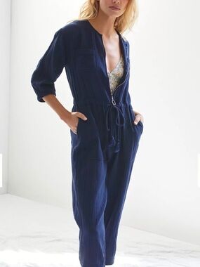 Anthropologie SUNDRY Navy Blue Waisted Mechanic Cotton Gauze Zip Front Jumpsuit